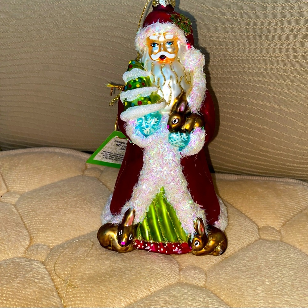Margaret Cobane Father Christmas Bunnies‎ Glass Christmas Ornament New